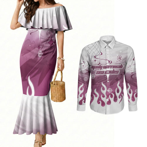 Personalized Manly Warringah Sea Eagles Couples Matching Mermaid Dress and Long Sleeve Button Shirt Y2K Grunge Aesthetic With Cyber Flames and Starburst Graphics