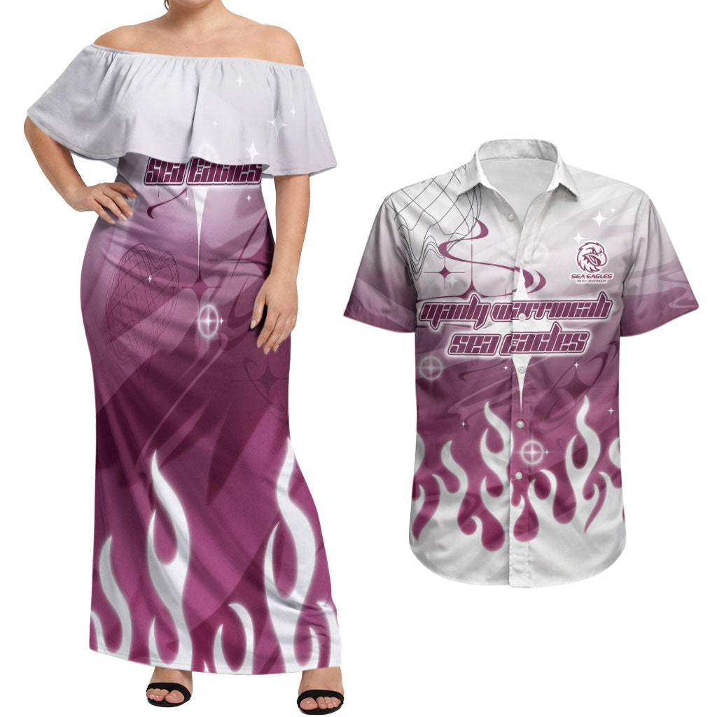 Personalized Manly Warringah Sea Eagles Couples Matching Off Shoulder Maxi Dress and Hawaiian Shirt Y2K Grunge Aesthetic With Cyber Flames and Starburst Graphics