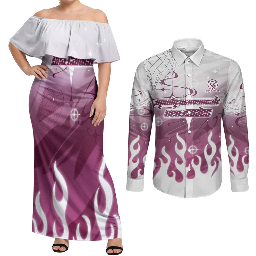 Personalized Manly Warringah Sea Eagles Couples Matching Off Shoulder Maxi Dress and Long Sleeve Button Shirt Y2K Grunge Aesthetic With Cyber Flames and Starburst Graphics