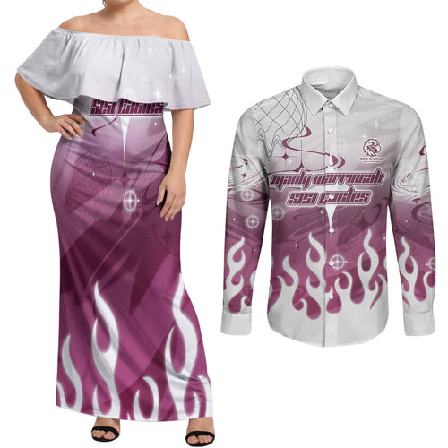 Personalized Manly Warringah Sea Eagles Couples Matching Off Shoulder Maxi Dress and Long Sleeve Button Shirt Y2K Grunge Aesthetic With Cyber Flames and Starburst Graphics