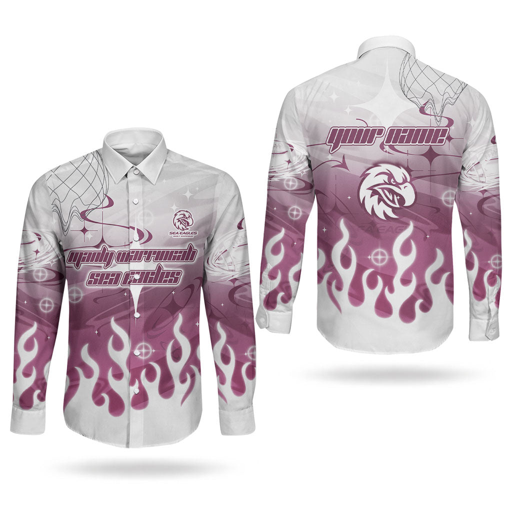 Personalized Manly Warringah Sea Eagles Couples Matching Off Shoulder Maxi Dress and Long Sleeve Button Shirt Y2K Grunge Aesthetic With Cyber Flames and Starburst Graphics