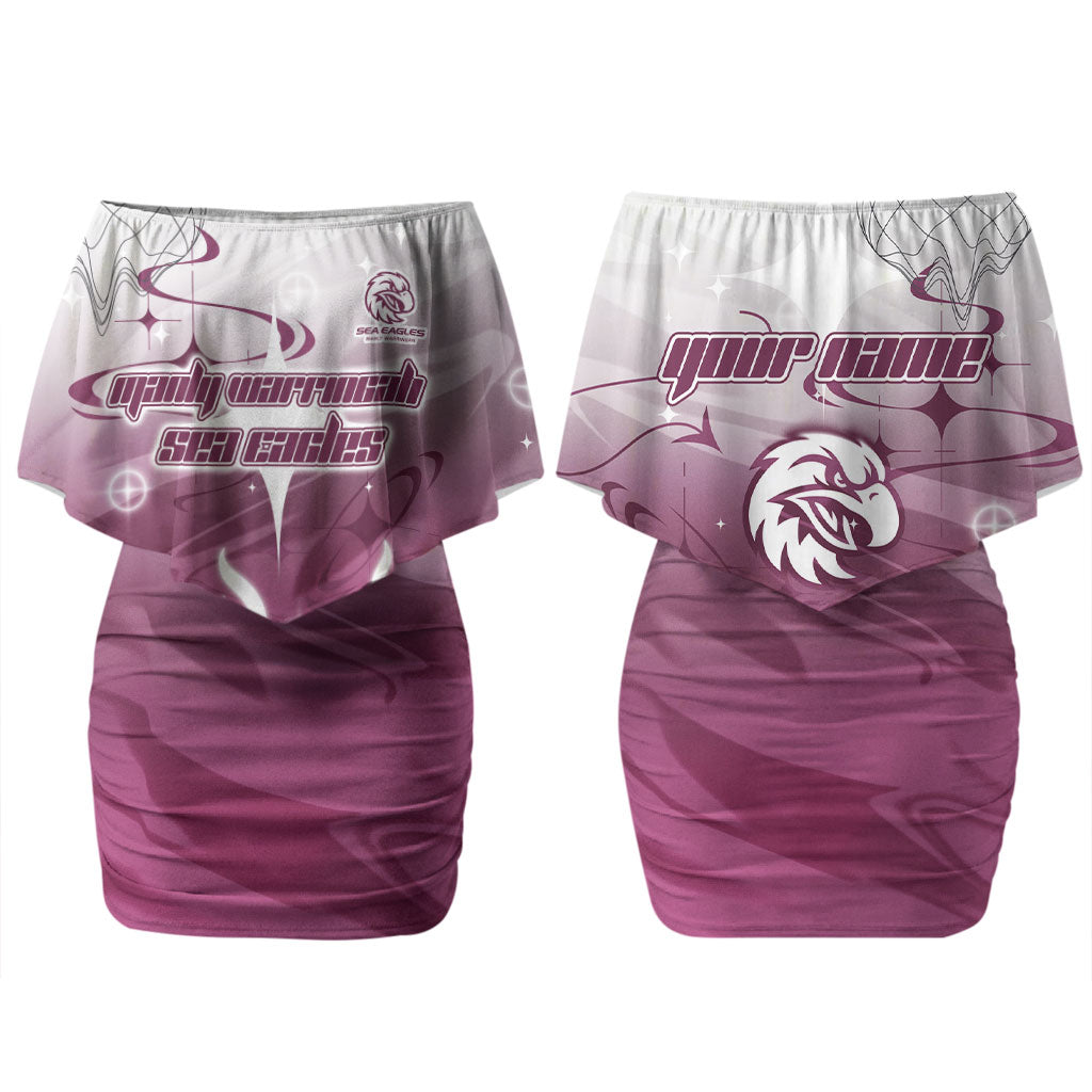 Personalized Manly Warringah Sea Eagles Couples Matching Off Shoulder Short Dress and Hawaiian Shirt Y2K Grunge Aesthetic With Cyber Flames and Starburst Graphics