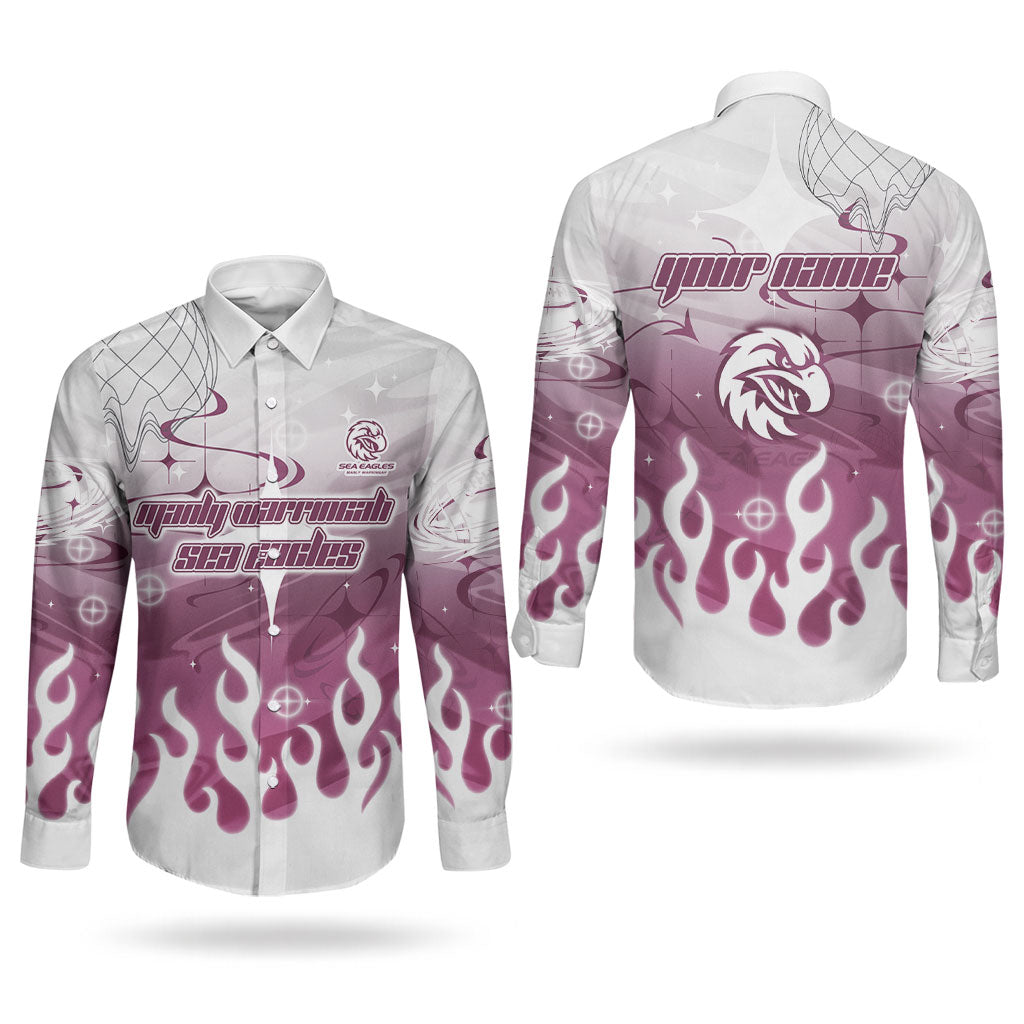 Personalized Manly Warringah Sea Eagles Couples Matching Off Shoulder Short Dress and Long Sleeve Button Shirt Y2K Grunge Aesthetic With Cyber Flames and Starburst Graphics