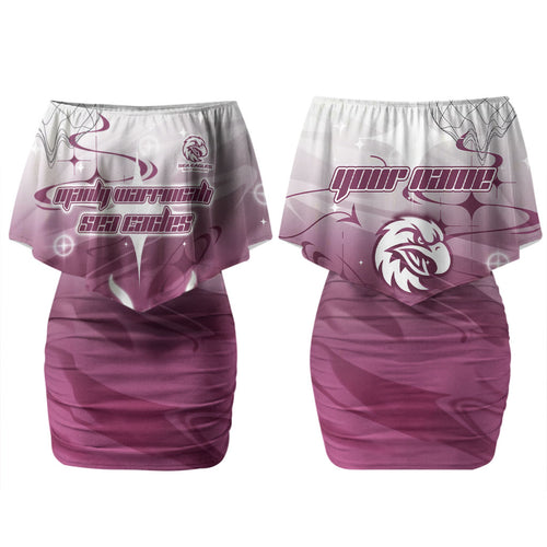 Personalized Manly Warringah Sea Eagles Couples Matching Off Shoulder Short Dress and Long Sleeve Button Shirt Y2K Grunge Aesthetic With Cyber Flames and Starburst Graphics