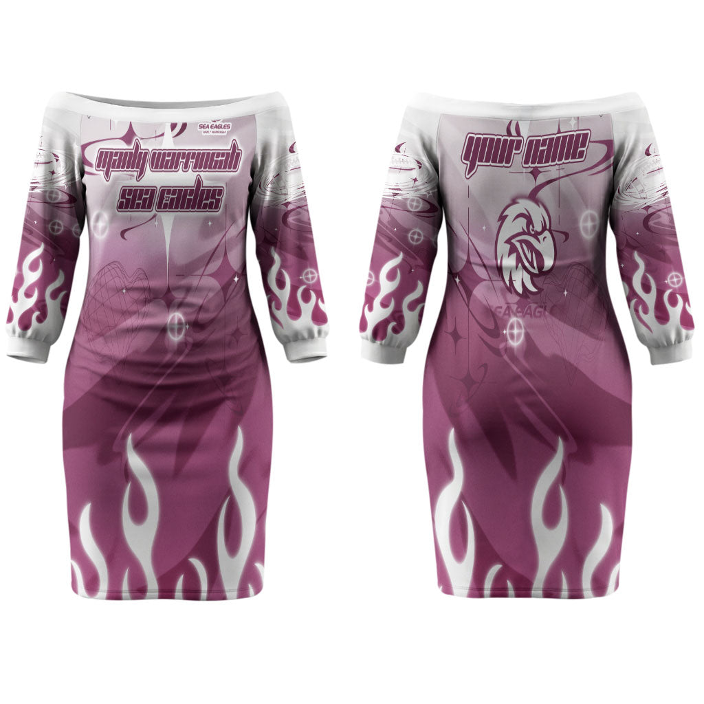 Personalized Manly Warringah Sea Eagles Couples Matching Off The Shoulder Long Sleeve Dress and Hawaiian Shirt Y2K Grunge Aesthetic With Cyber Flames and Starburst Graphics