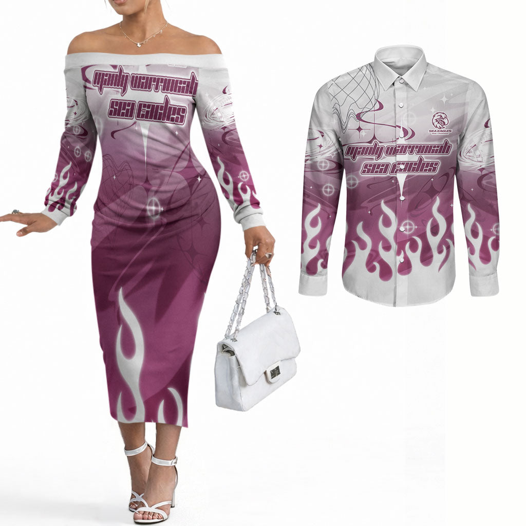 Personalized Manly Warringah Sea Eagles Couples Matching Off The Shoulder Long Sleeve Dress and Long Sleeve Button Shirt Y2K Grunge Aesthetic With Cyber Flames and Starburst Graphics