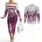 Personalized Manly Warringah Sea Eagles Couples Matching Off The Shoulder Long Sleeve Dress and Long Sleeve Button Shirt Y2K Grunge Aesthetic With Cyber Flames and Starburst Graphics