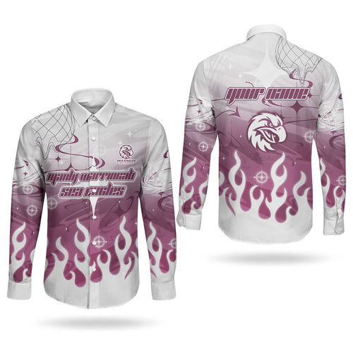 Personalized Manly Warringah Sea Eagles Couples Matching Off The Shoulder Long Sleeve Dress and Long Sleeve Button Shirt Y2K Grunge Aesthetic With Cyber Flames and Starburst Graphics