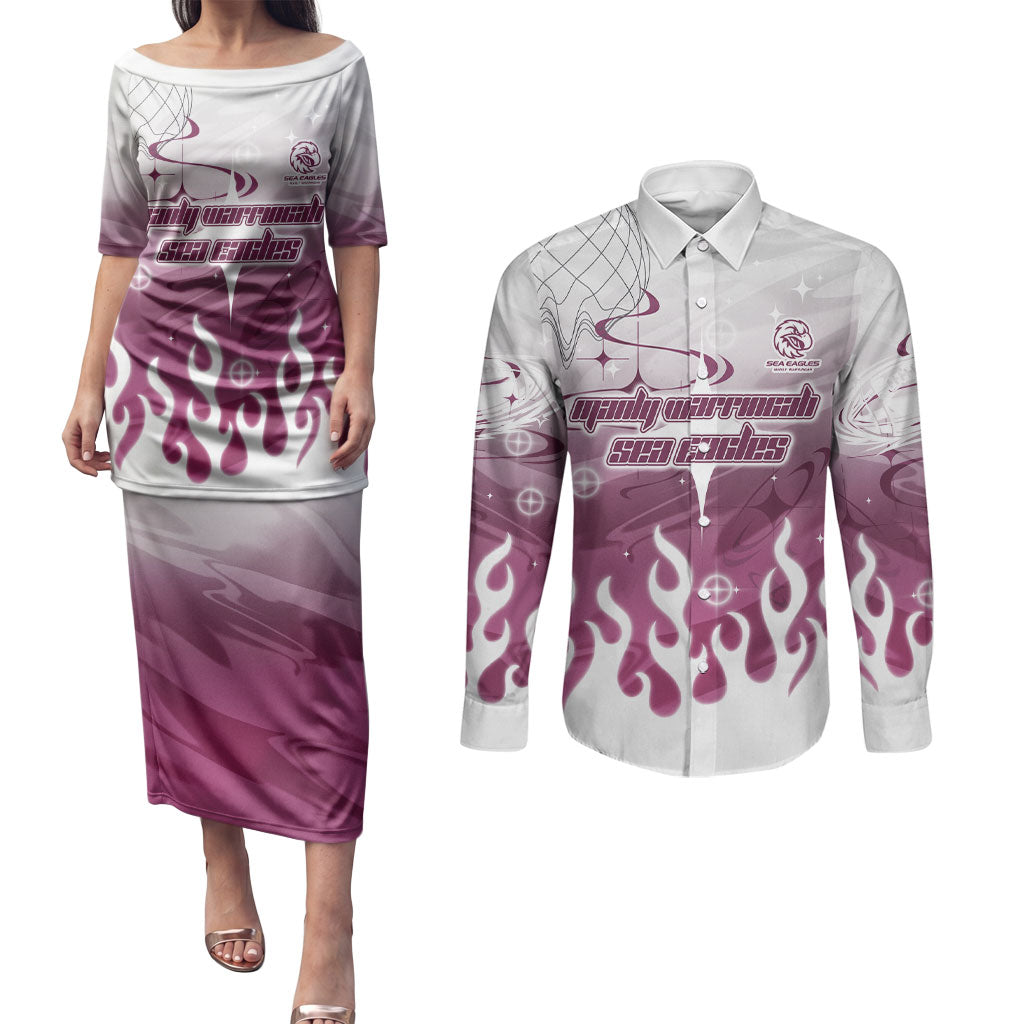 Personalized Manly Warringah Sea Eagles Couples Matching Puletasi and Long Sleeve Button Shirt Y2K Grunge Aesthetic With Cyber Flames and Starburst Graphics