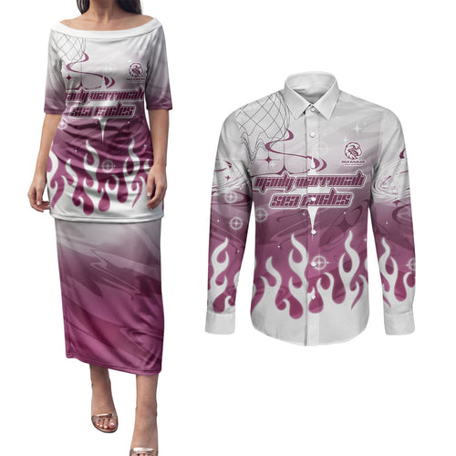 Personalized Manly Warringah Sea Eagles Couples Matching Puletasi and Long Sleeve Button Shirt Y2K Grunge Aesthetic With Cyber Flames and Starburst Graphics