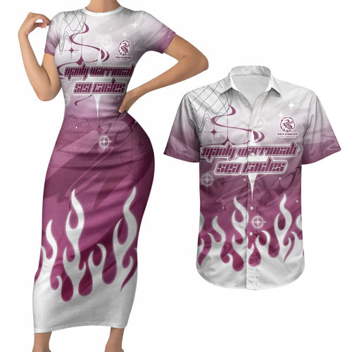 Personalized Manly Warringah Sea Eagles Couples Matching Short Sleeve Bodycon Dress and Hawaiian Shirt Y2K Grunge Aesthetic With Cyber Flames and Starburst Graphics
