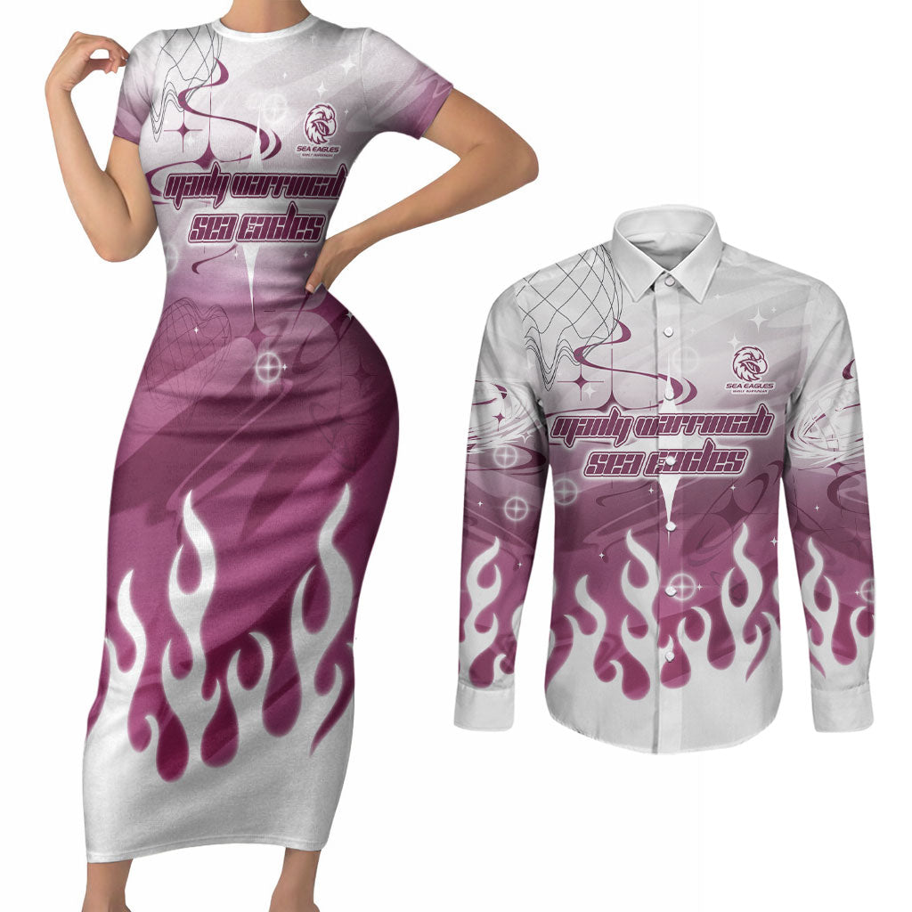 Personalized Manly Warringah Sea Eagles Couples Matching Short Sleeve Bodycon Dress and Long Sleeve Button Shirt Y2K Grunge Aesthetic With Cyber Flames and Starburst Graphics
