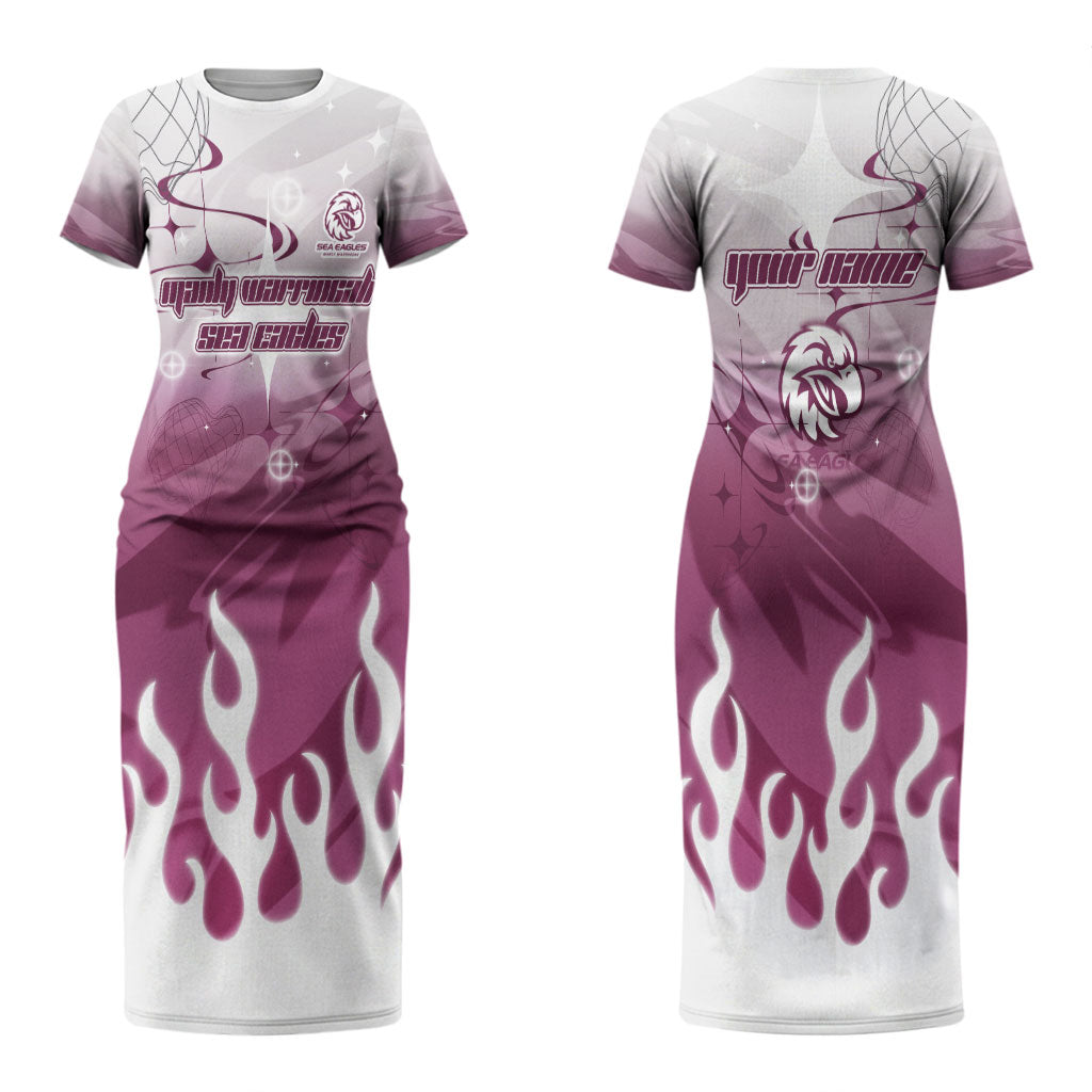 Personalized Manly Warringah Sea Eagles Couples Matching Short Sleeve Bodycon Dress and Long Sleeve Button Shirt Y2K Grunge Aesthetic With Cyber Flames and Starburst Graphics