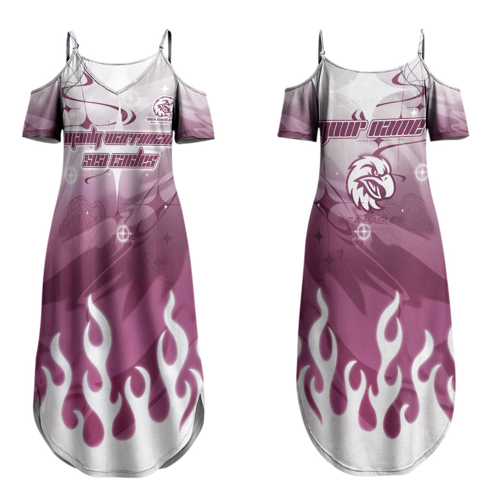 Personalized Manly Warringah Sea Eagles Couples Matching Summer Maxi Dress and Long Sleeve Button Shirt Y2K Grunge Aesthetic With Cyber Flames and Starburst Graphics