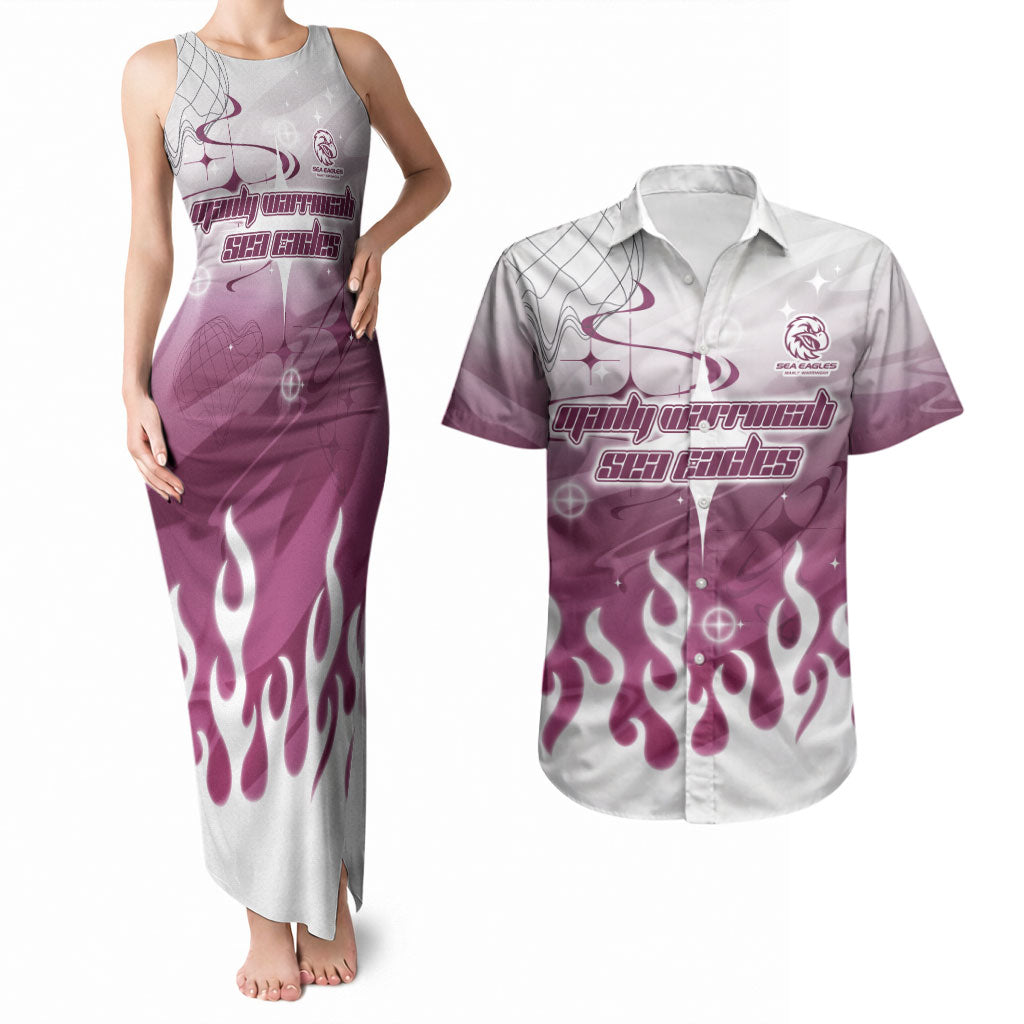 Personalized Manly Warringah Sea Eagles Couples Matching Tank Maxi Dress and Hawaiian Shirt Y2K Grunge Aesthetic With Cyber Flames and Starburst Graphics