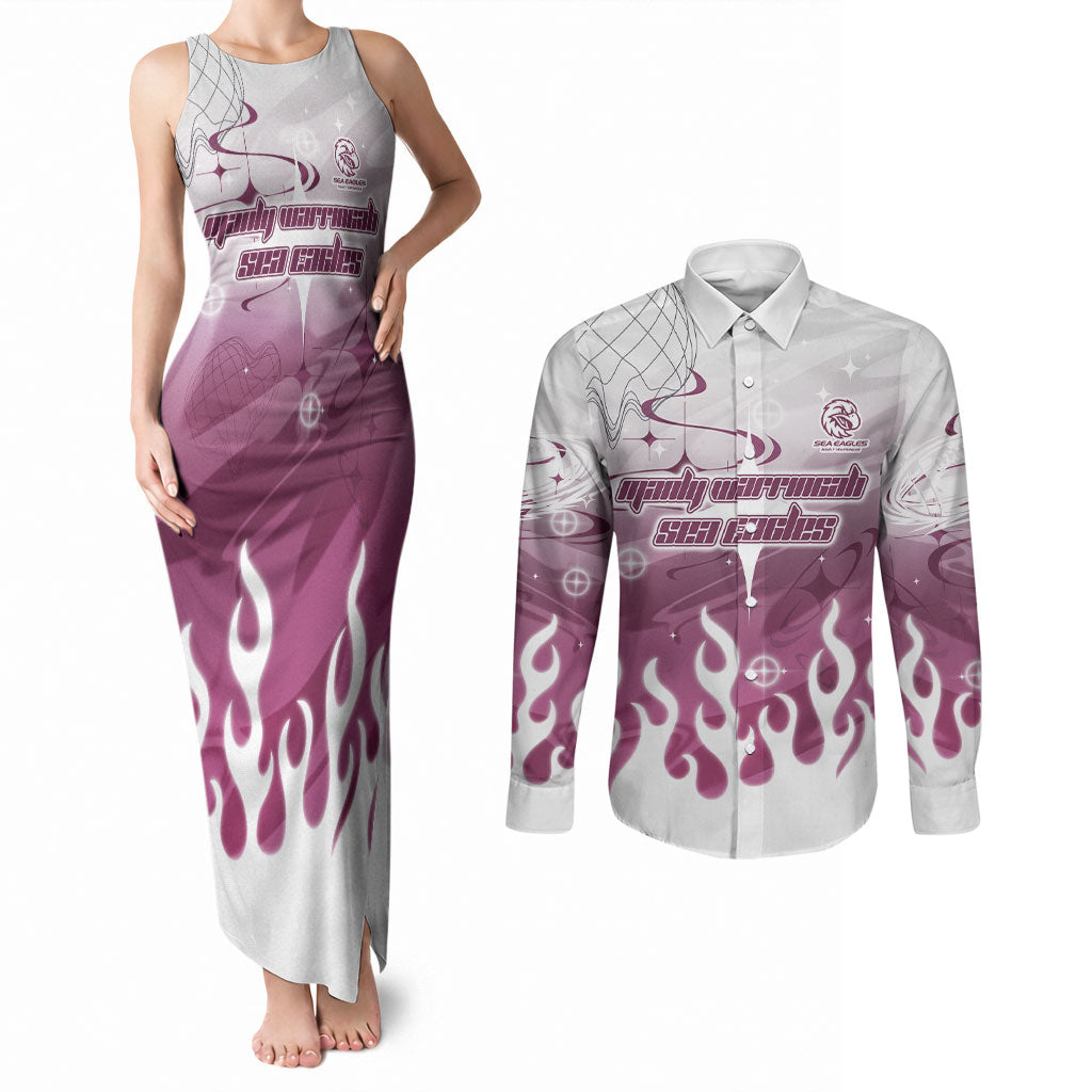 Personalized Manly Warringah Sea Eagles Couples Matching Tank Maxi Dress and Long Sleeve Button Shirt Y2K Grunge Aesthetic With Cyber Flames and Starburst Graphics