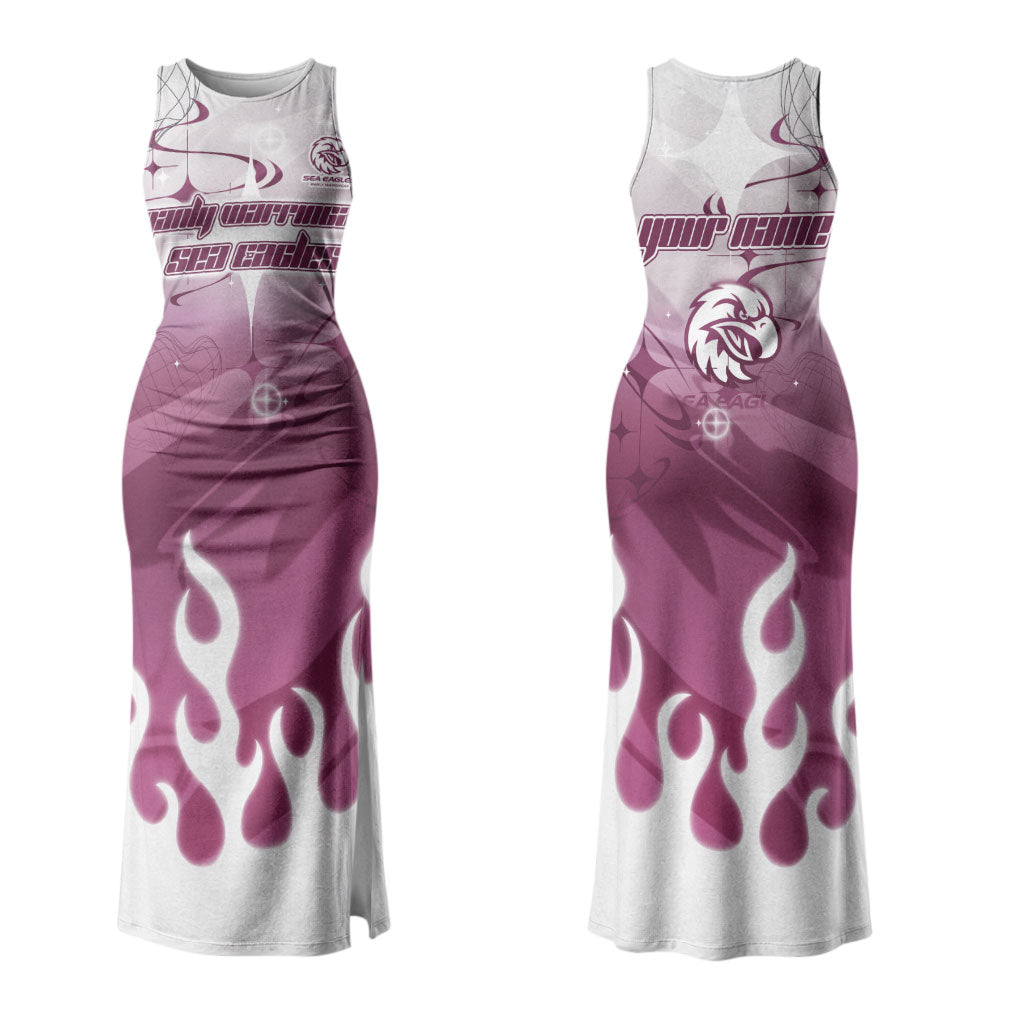 Personalized Manly Warringah Sea Eagles Couples Matching Tank Maxi Dress and Long Sleeve Button Shirt Y2K Grunge Aesthetic With Cyber Flames and Starburst Graphics