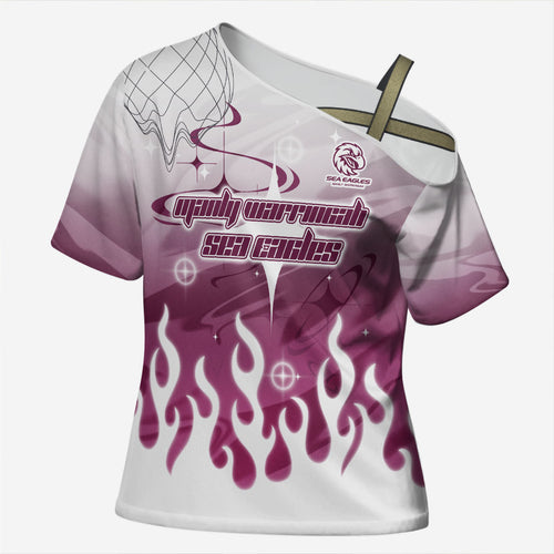 Personalized Manly Warringah Sea Eagles Cross Shoulder Shirt Y2K Grunge Aesthetic With Cyber Flames and Starburst Graphics