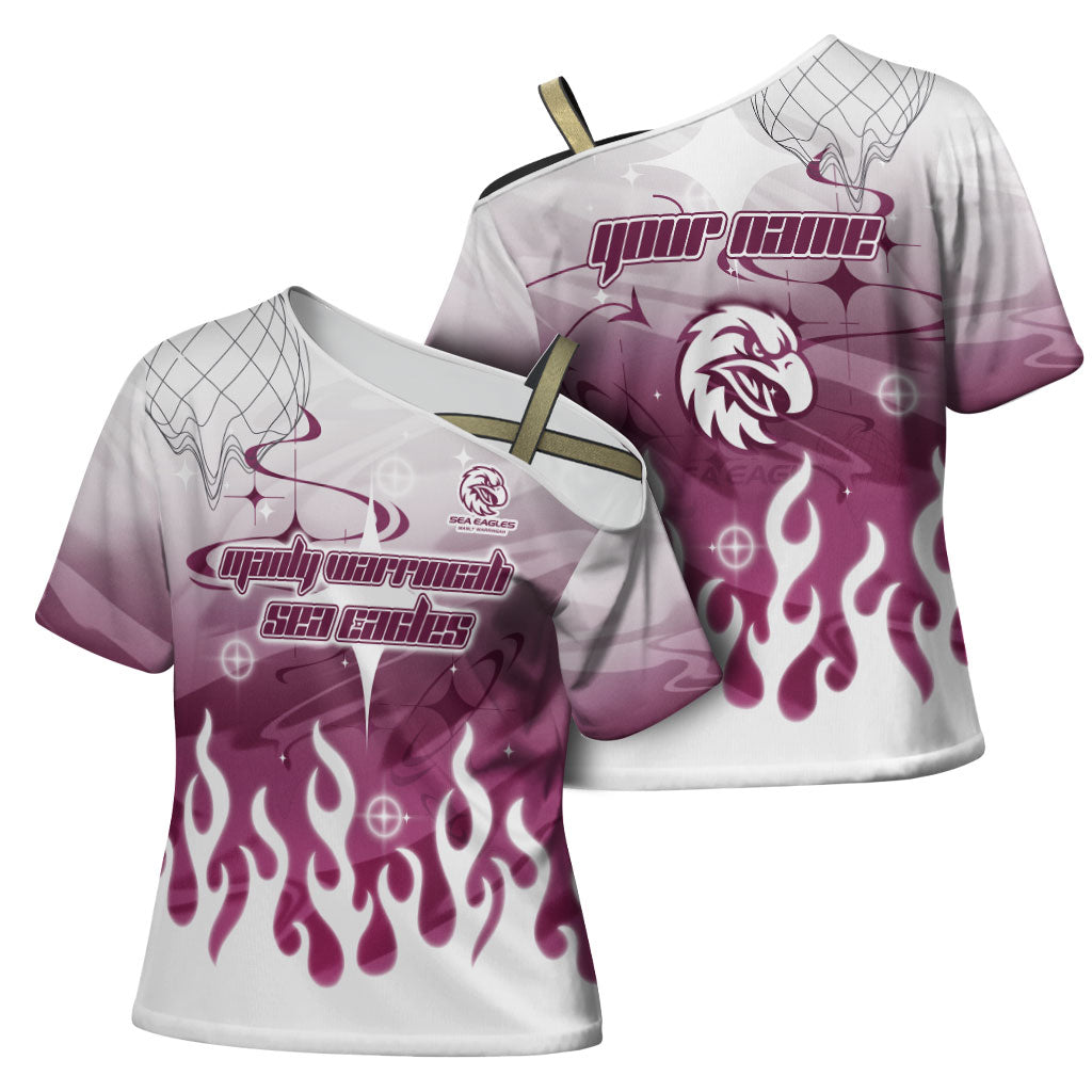 Personalized Manly Warringah Sea Eagles Cross Shoulder Shirt Y2K Grunge Aesthetic With Cyber Flames and Starburst Graphics