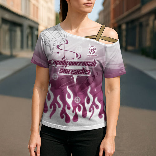 Personalized Manly Warringah Sea Eagles Cross Shoulder Shirt Y2K Grunge Aesthetic With Cyber Flames and Starburst Graphics