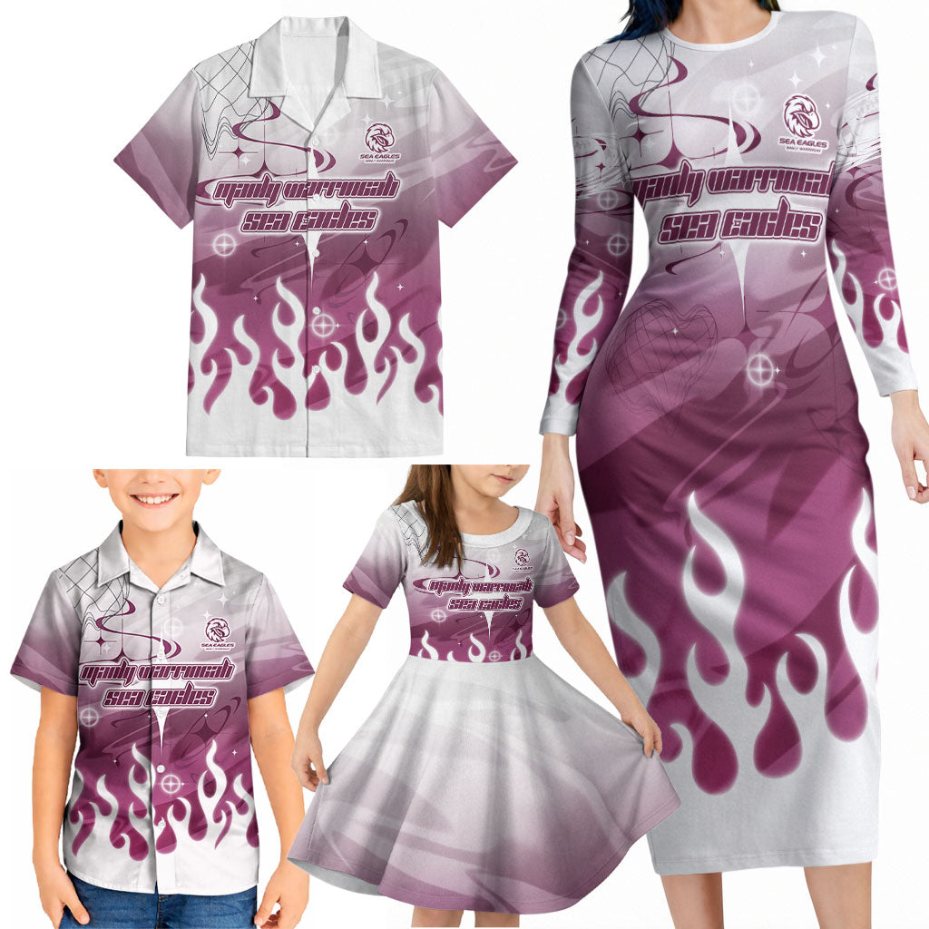 Personalized Manly Warringah Sea Eagles Family Matching Long Sleeve Bodycon Dress and Hawaiian Shirt Y2K Grunge Aesthetic With Cyber Flames and Starburst Graphics