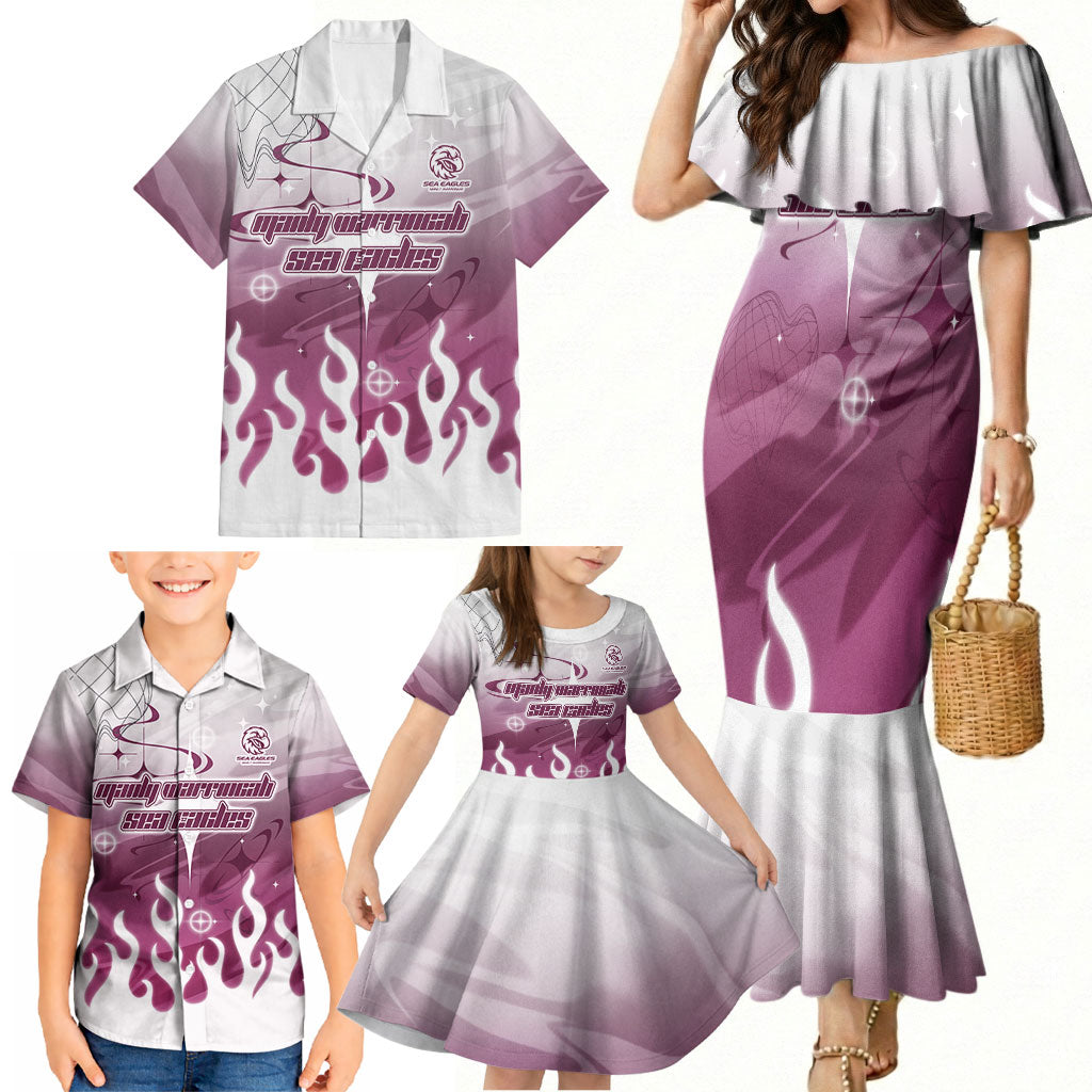 Personalized Manly Warringah Sea Eagles Family Matching Mermaid Dress and Hawaiian Shirt Y2K Grunge Aesthetic With Cyber Flames and Starburst Graphics