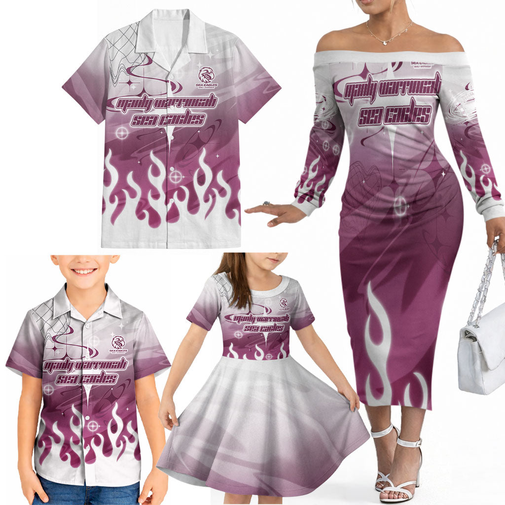Personalized Manly Warringah Sea Eagles Family Matching Off The Shoulder Long Sleeve Dress and Hawaiian Shirt Y2K Grunge Aesthetic With Cyber Flames and Starburst Graphics