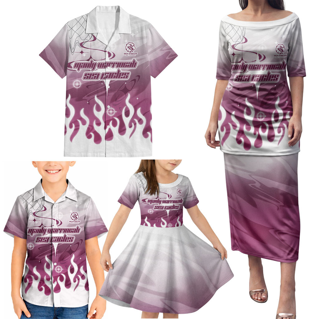 Personalized Manly Warringah Sea Eagles Family Matching Puletasi and Hawaiian Shirt Y2K Grunge Aesthetic With Cyber Flames and Starburst Graphics