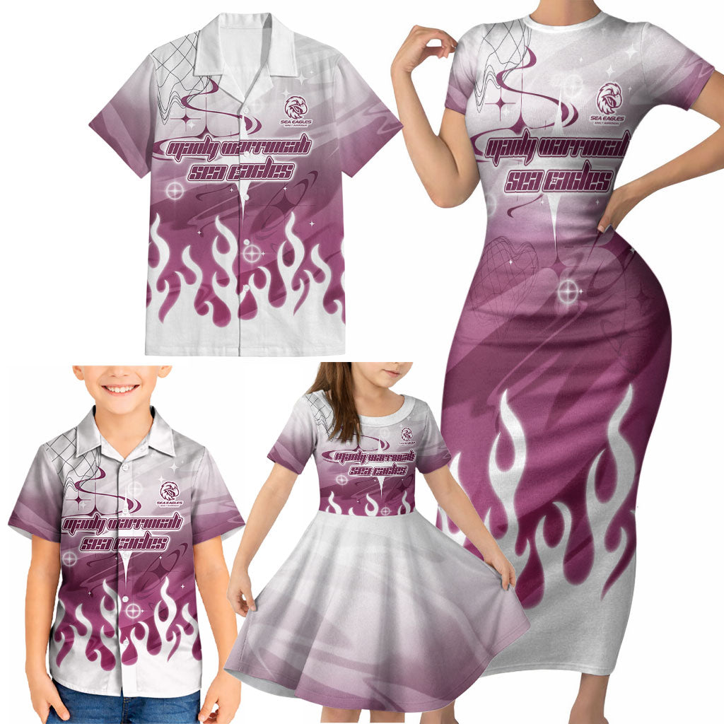 Personalized Manly Warringah Sea Eagles Family Matching Short Sleeve Bodycon Dress and Hawaiian Shirt Y2K Grunge Aesthetic With Cyber Flames and Starburst Graphics