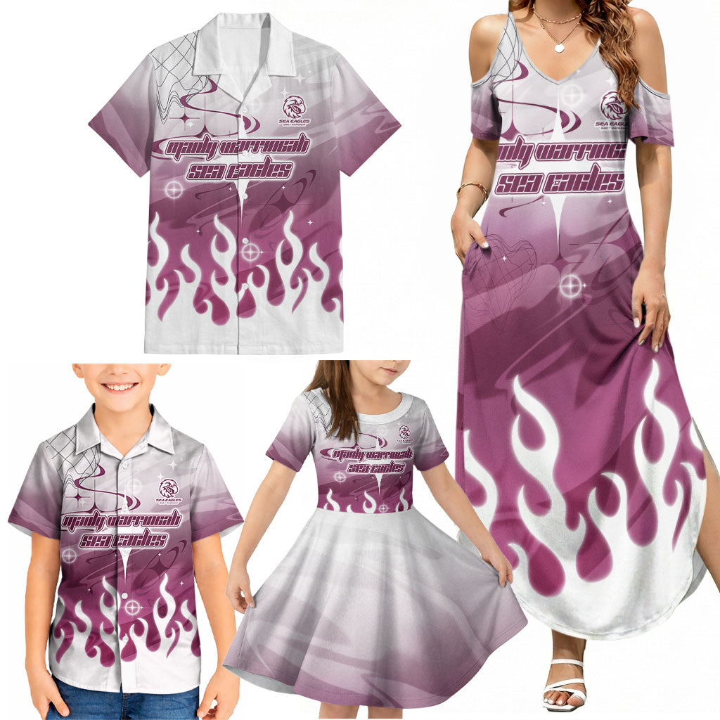 Personalized Manly Warringah Sea Eagles Family Matching Summer Maxi Dress and Hawaiian Shirt Y2K Grunge Aesthetic With Cyber Flames and Starburst Graphics