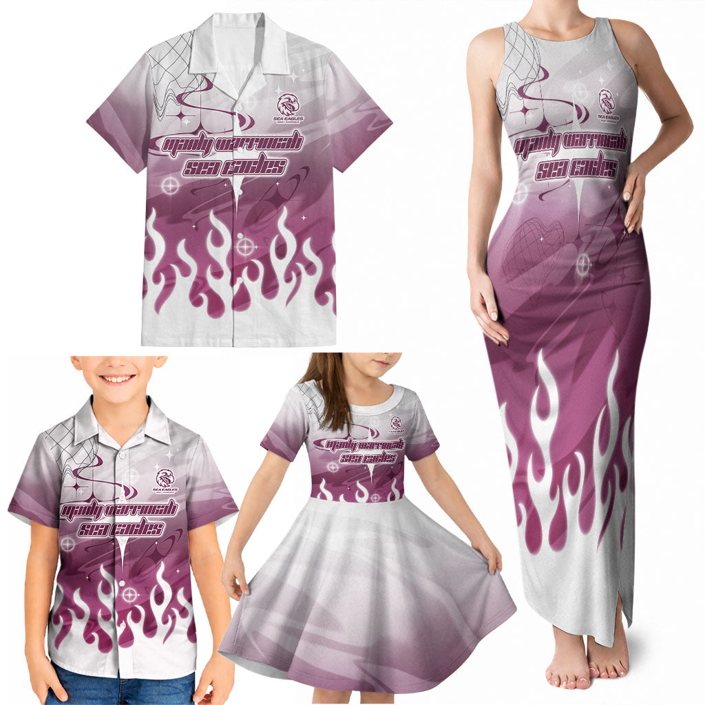 Personalized Manly Warringah Sea Eagles Family Matching Tank Maxi Dress and Hawaiian Shirt Y2K Grunge Aesthetic With Cyber Flames and Starburst Graphics
