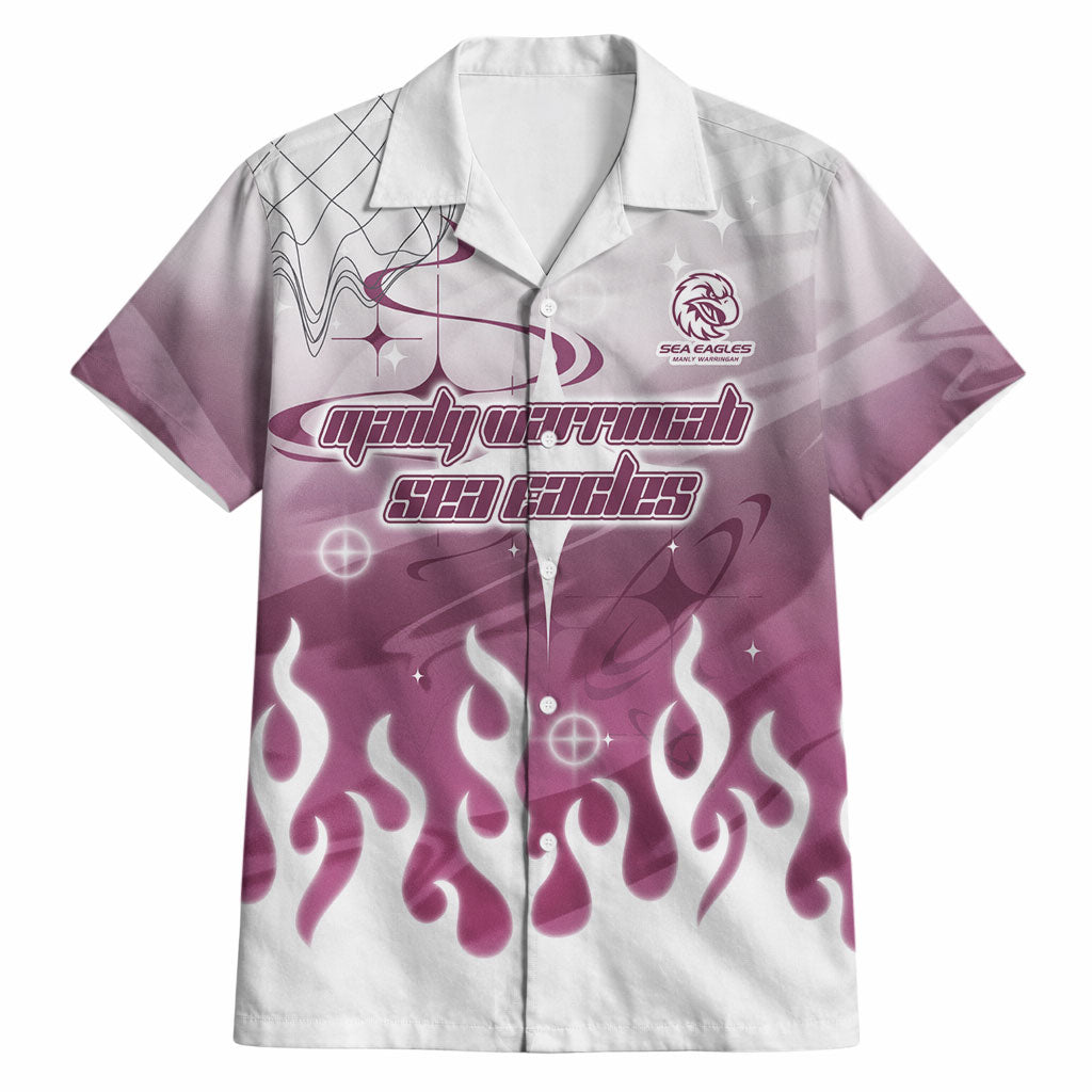 Personalized Manly Warringah Sea Eagles Hawaiian Shirt Y2K Grunge Aesthetic With Cyber Flames and Starburst Graphics