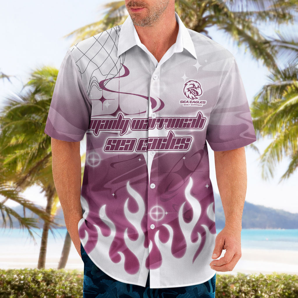 Personalized Manly Warringah Sea Eagles Hawaiian Shirt Y2K Grunge Aesthetic With Cyber Flames and Starburst Graphics
