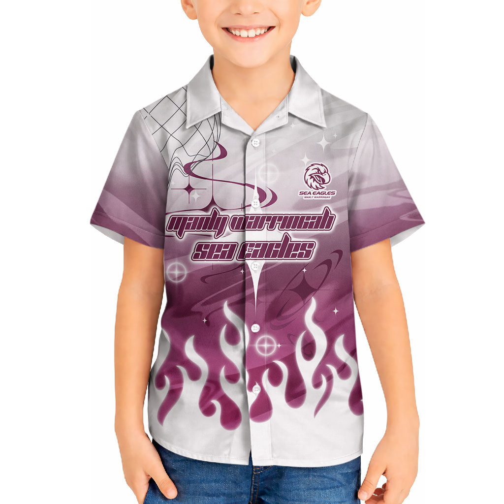 Personalized Manly Warringah Sea Eagles Hawaiian Shirt Y2K Grunge Aesthetic With Cyber Flames and Starburst Graphics