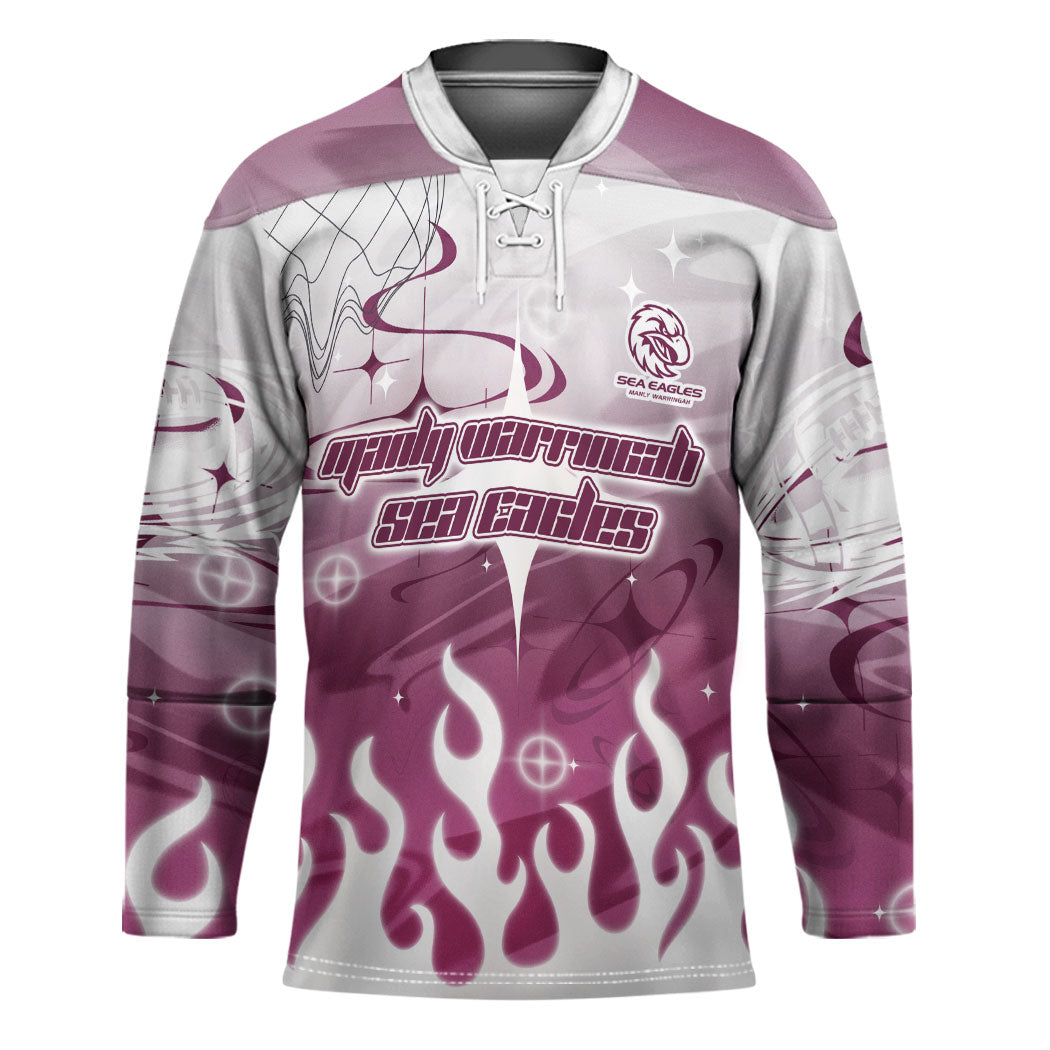 Personalized Manly Warringah Sea Eagles Hockey Jersey Y2K Grunge Aesthetic With Cyber Flames and Starburst Graphics