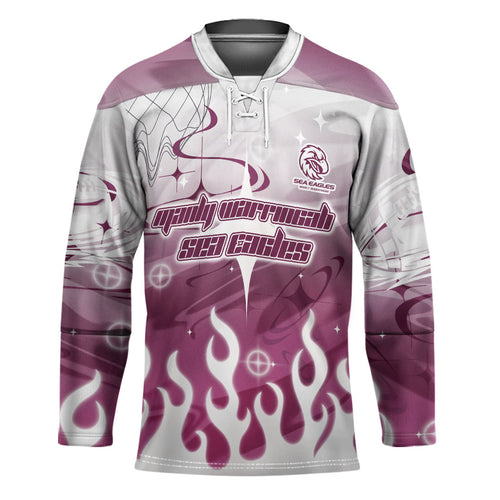 Personalized Manly Warringah Sea Eagles Hockey Jersey Y2K Grunge Aesthetic With Cyber Flames and Starburst Graphics