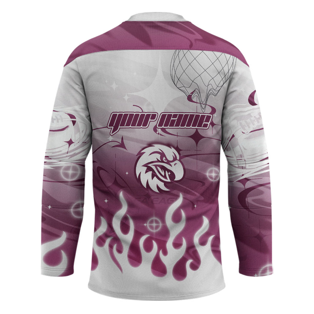 Personalized Manly Warringah Sea Eagles Hockey Jersey Y2K Grunge Aesthetic With Cyber Flames and Starburst Graphics