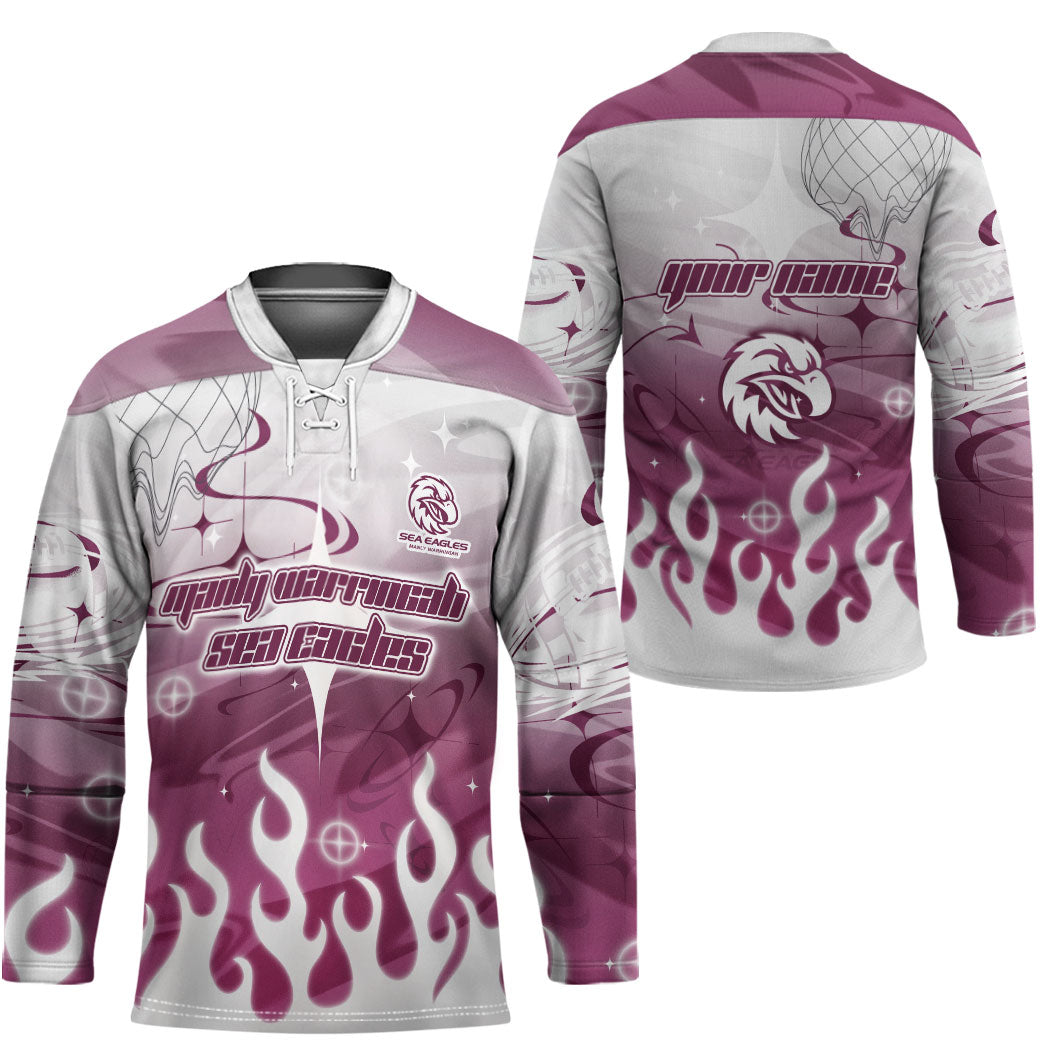 Personalized Manly Warringah Sea Eagles Hockey Jersey Y2K Grunge Aesthetic With Cyber Flames and Starburst Graphics