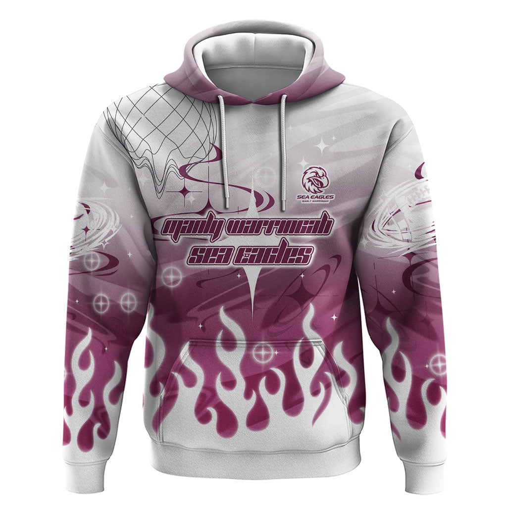 Personalized Manly Warringah Sea Eagles Hoodie Y2K Grunge Aesthetic With Cyber Flames and Starburst Graphics