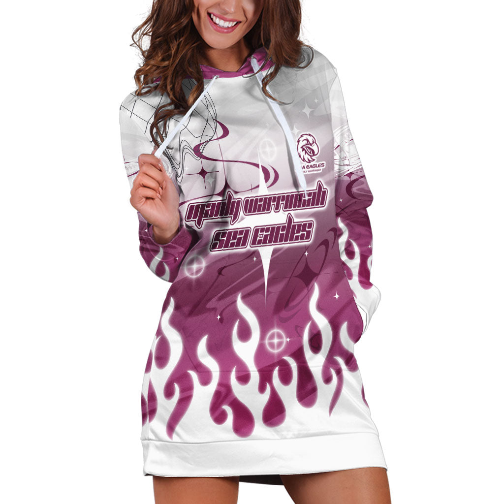 Personalized Manly Warringah Sea Eagles Hoodie Dress Y2K Grunge Aesthetic With Cyber Flames and Starburst Graphics