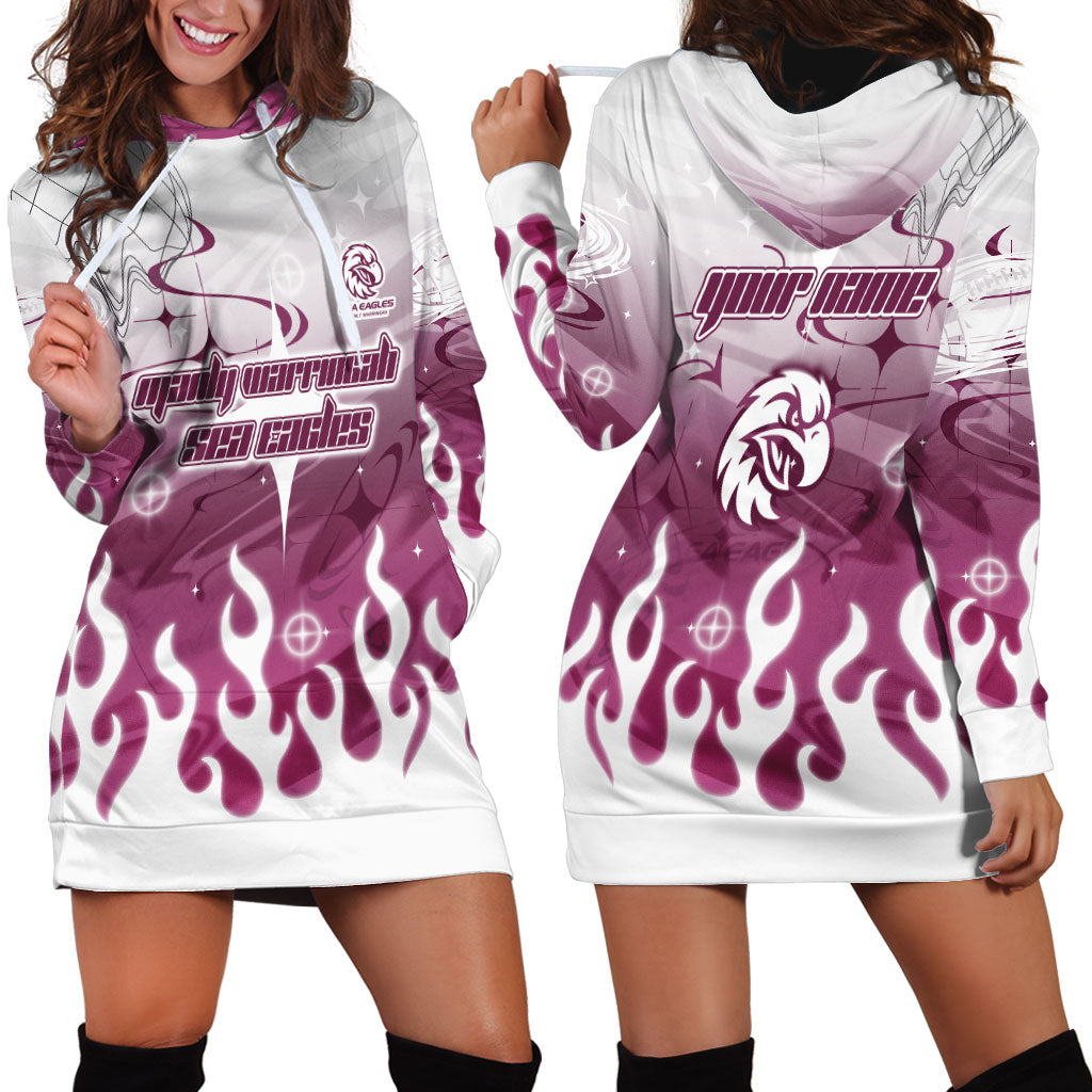 Personalized Manly Warringah Sea Eagles Hoodie Dress Y2K Grunge Aesthetic With Cyber Flames and Starburst Graphics