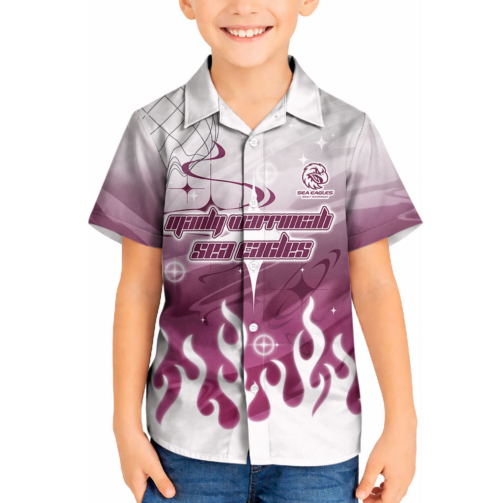 Personalized Manly Warringah Sea Eagles Kid Hawaiian Shirt Y2K Grunge Aesthetic With Cyber Flames and Starburst Graphics