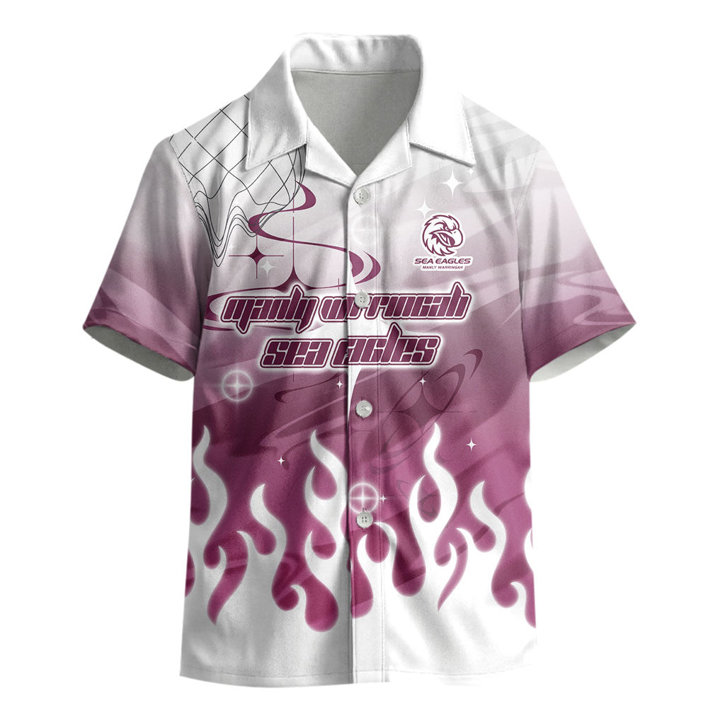 Personalized Manly Warringah Sea Eagles Kid Hawaiian Shirt Y2K Grunge Aesthetic With Cyber Flames and Starburst Graphics