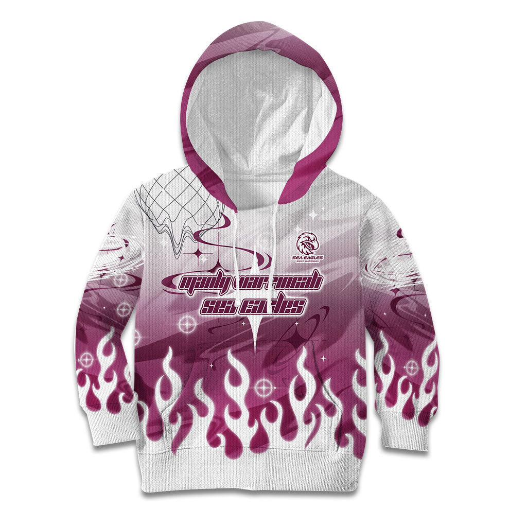 Personalized Manly Warringah Sea Eagles Kid Hoodie Y2K Grunge Aesthetic With Cyber Flames and Starburst Graphics
