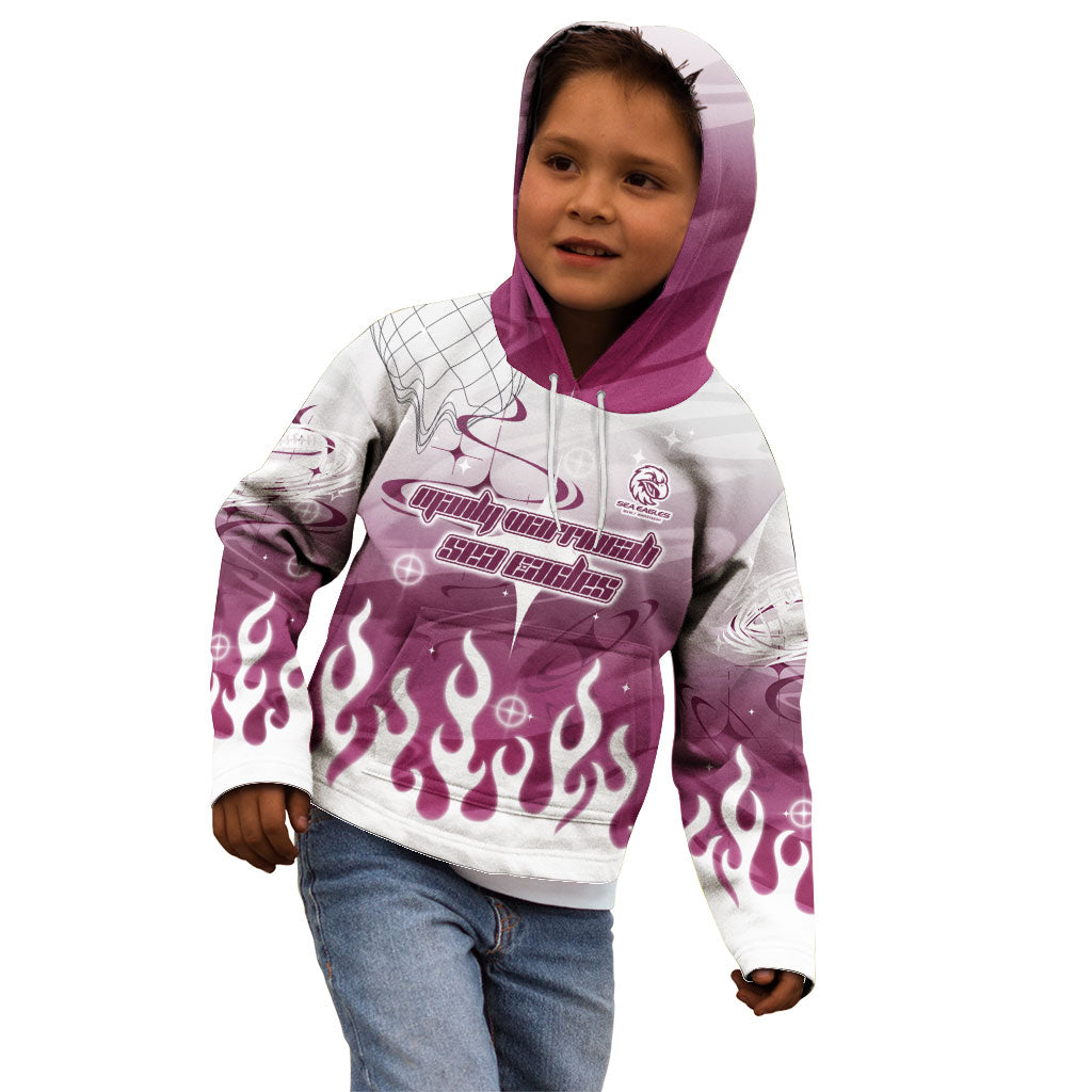 Personalized Manly Warringah Sea Eagles Kid Hoodie Y2K Grunge Aesthetic With Cyber Flames and Starburst Graphics