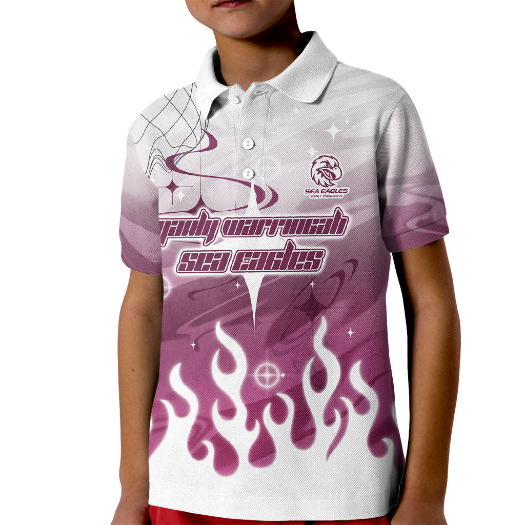 Personalized Manly Warringah Sea Eagles Kid Polo Shirt Y2K Grunge Aesthetic With Cyber Flames and Starburst Graphics