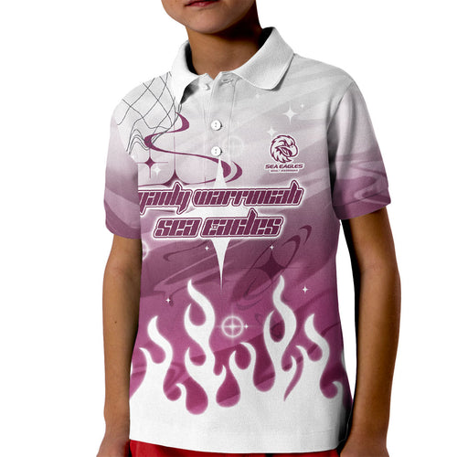 Personalized Manly Warringah Sea Eagles Kid Polo Shirt Y2K Grunge Aesthetic With Cyber Flames and Starburst Graphics