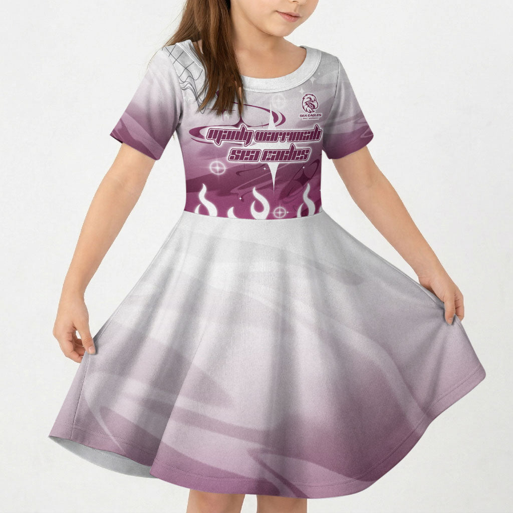 Personalized Manly Warringah Sea Eagles Kid Short Sleeve Dress Y2K Grunge Aesthetic With Cyber Flames and Starburst Graphics