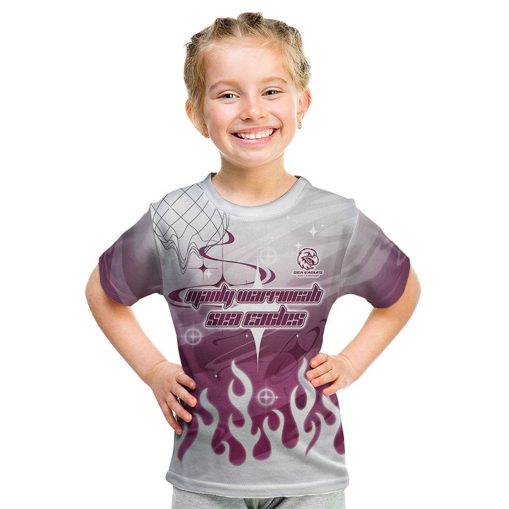 Personalized Manly Warringah Sea Eagles Kid T Shirt Y2K Grunge Aesthetic With Cyber Flames and Starburst Graphics