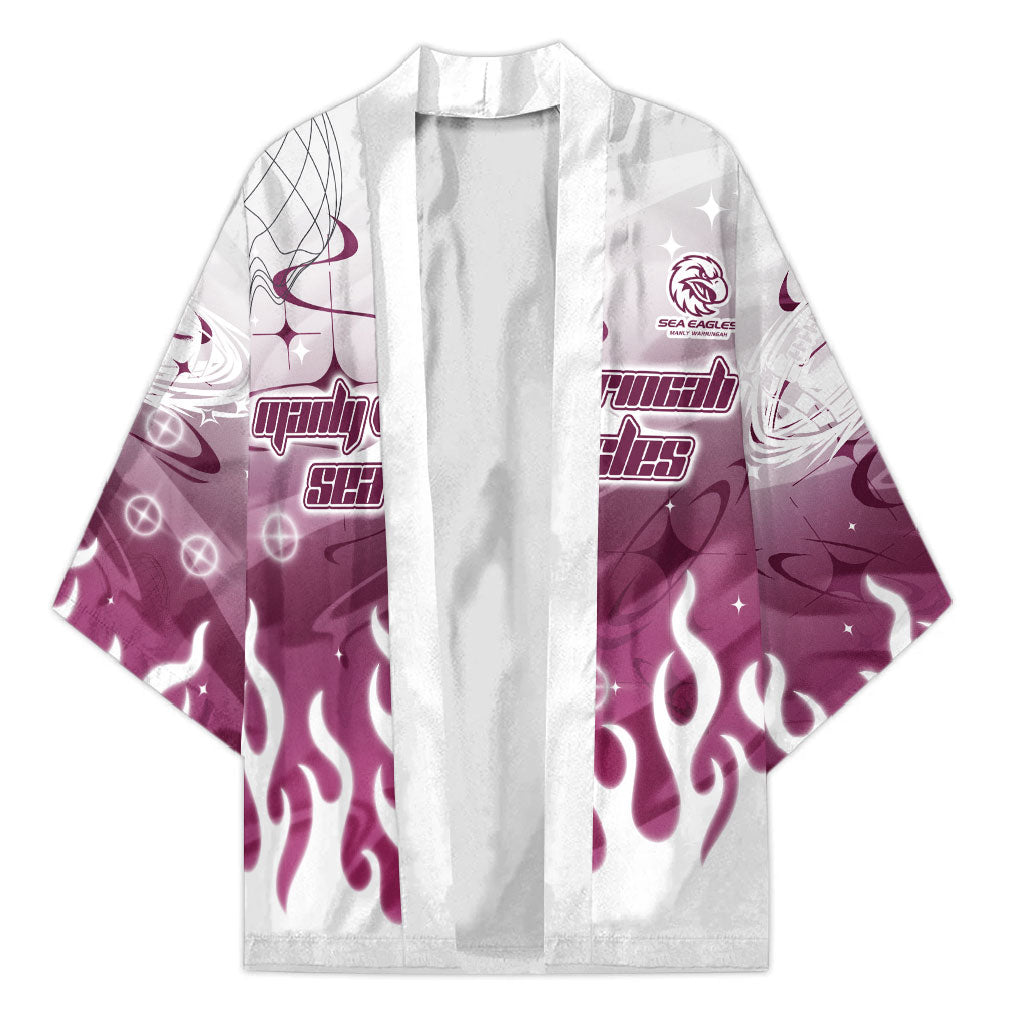 Personalized Manly Warringah Sea Eagles Kimono Y2K Grunge Aesthetic With Cyber Flames and Starburst Graphics